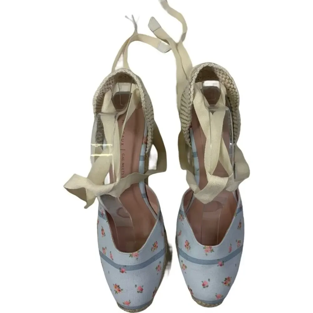 GAL MEETS GLAM x Margaux Blue Stripe Floral Espadrille Wedges Resort Vacay